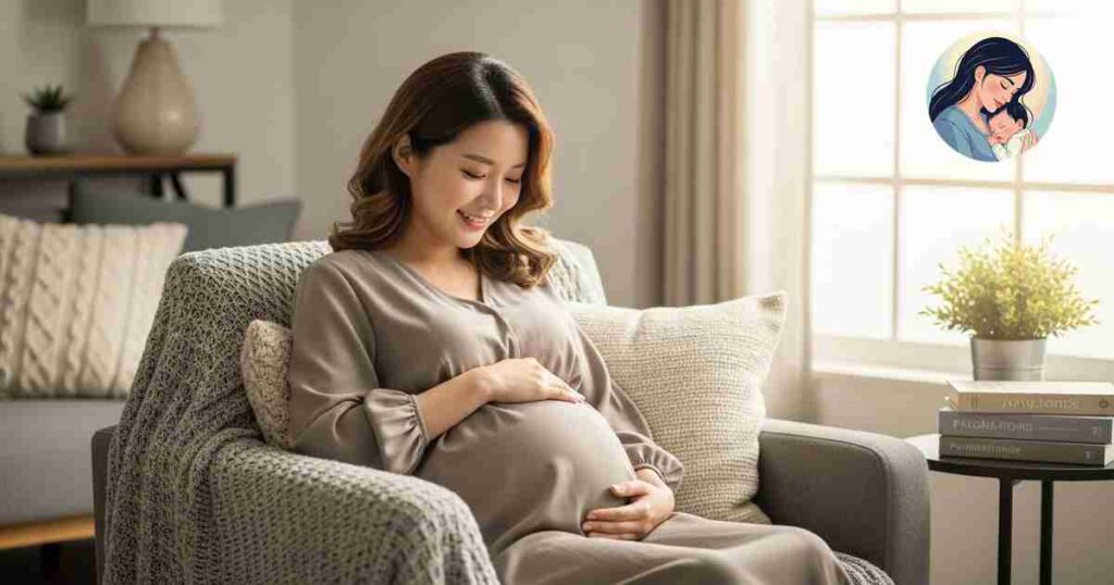 임산부가 산부인과 대기실에서 소파에 앉아 배속의 아기와 함께 기다리고 있는 모습