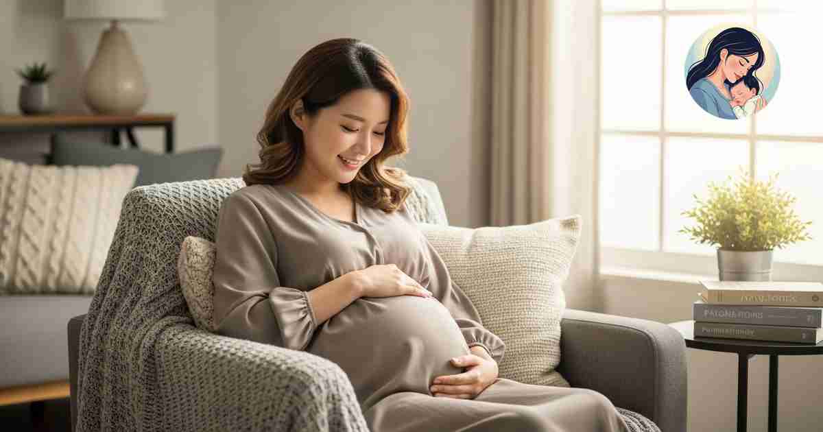 임산부가 산부인과 대기실에서 소파에 앉아 배속의 아기와 함께 기다리고 있는 모습