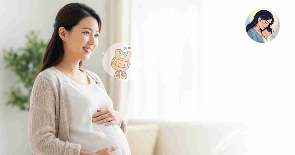 임산부가 아기의 시험관 인공수정 고민하고 배속을 아이를 쓰다듬고 있는 모습