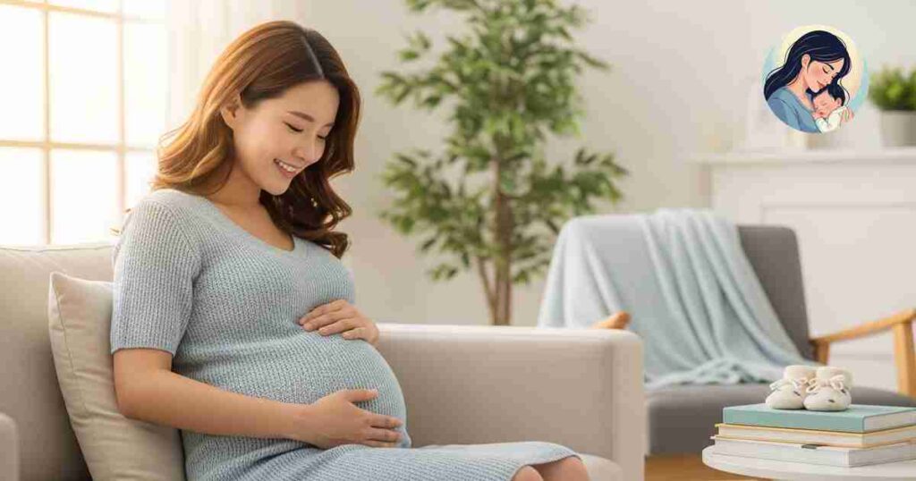 임산부가 입덧을 견디고 배속의 아기를 쓰다듬고 있는 모습