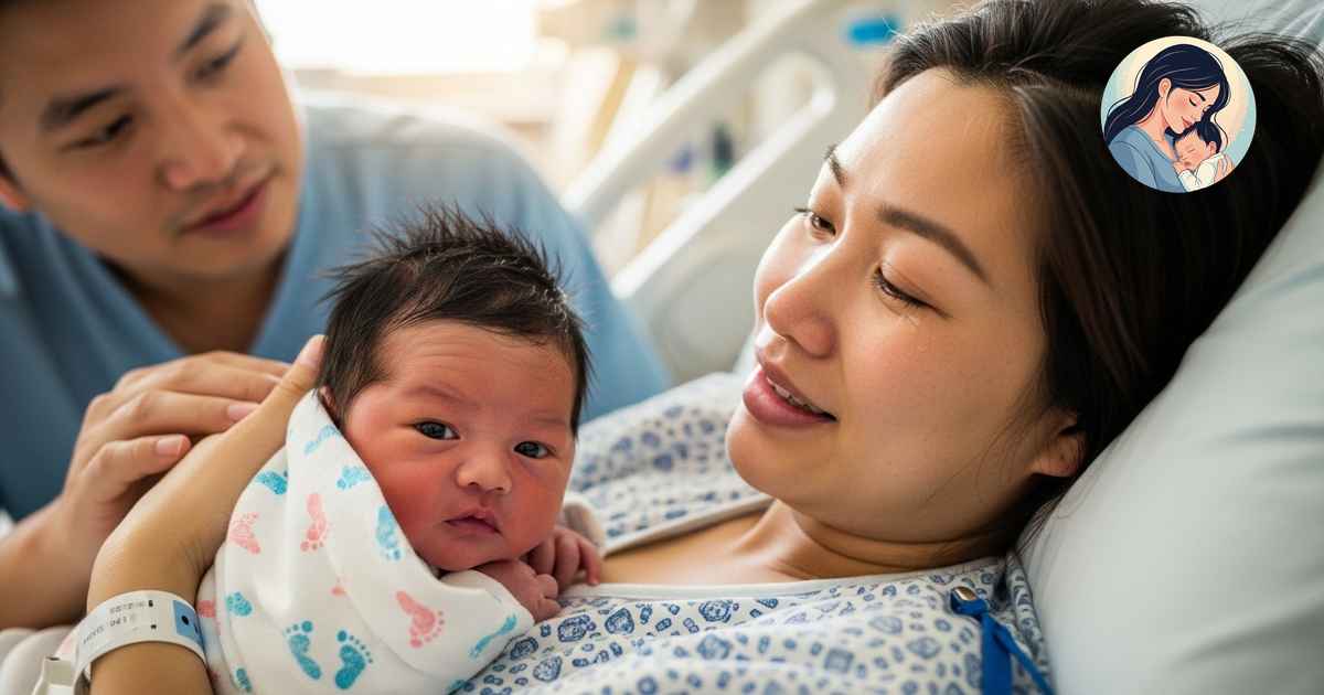 산모와 남편이 신생아 아기를 담요로 감싸고 있고 목욕을 준비하는 행복한 표정의 모습