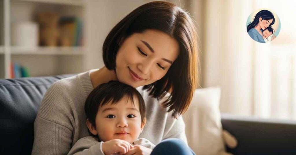 어머니와 아기가 함께 안겨서 열을 내리려고 하고 있는 모습