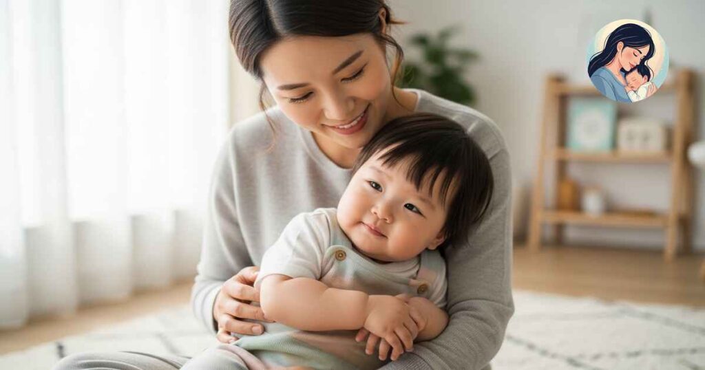 지원금을 받고 아기를 안고 행복해하고 있는 엄마와 아기의 모습