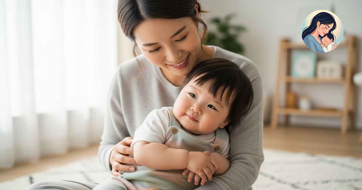 지원금을 받고 아기를 안고 행복해하고 있는 엄마와 아기의 모습