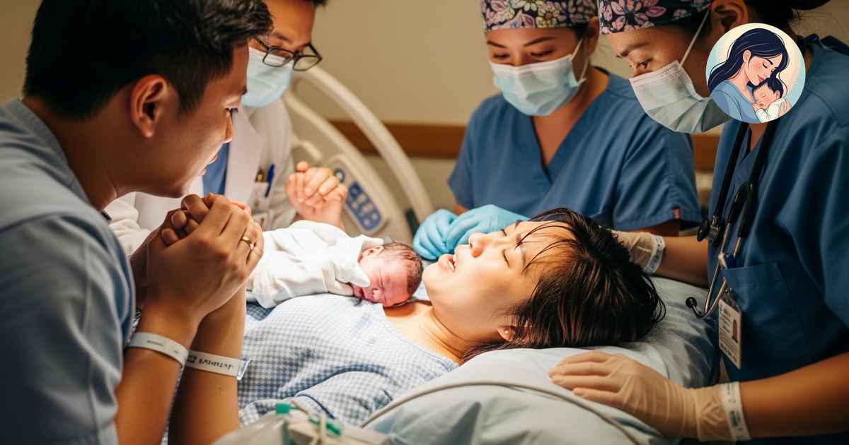 병원 시술대 침대위에서 의료진과 산모가 출산을 하고 신생아를 안고 있는 모습과 남편이 산모의 손을 꼭 잡고 있는 경이로운 모습